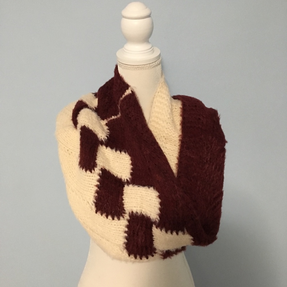 Cream and Maroon/Deep Red Cowl/Scarf